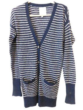 Aerie Sz Small Blue White Striped Long Cardigan Sweater With Pockets Wool Blend
